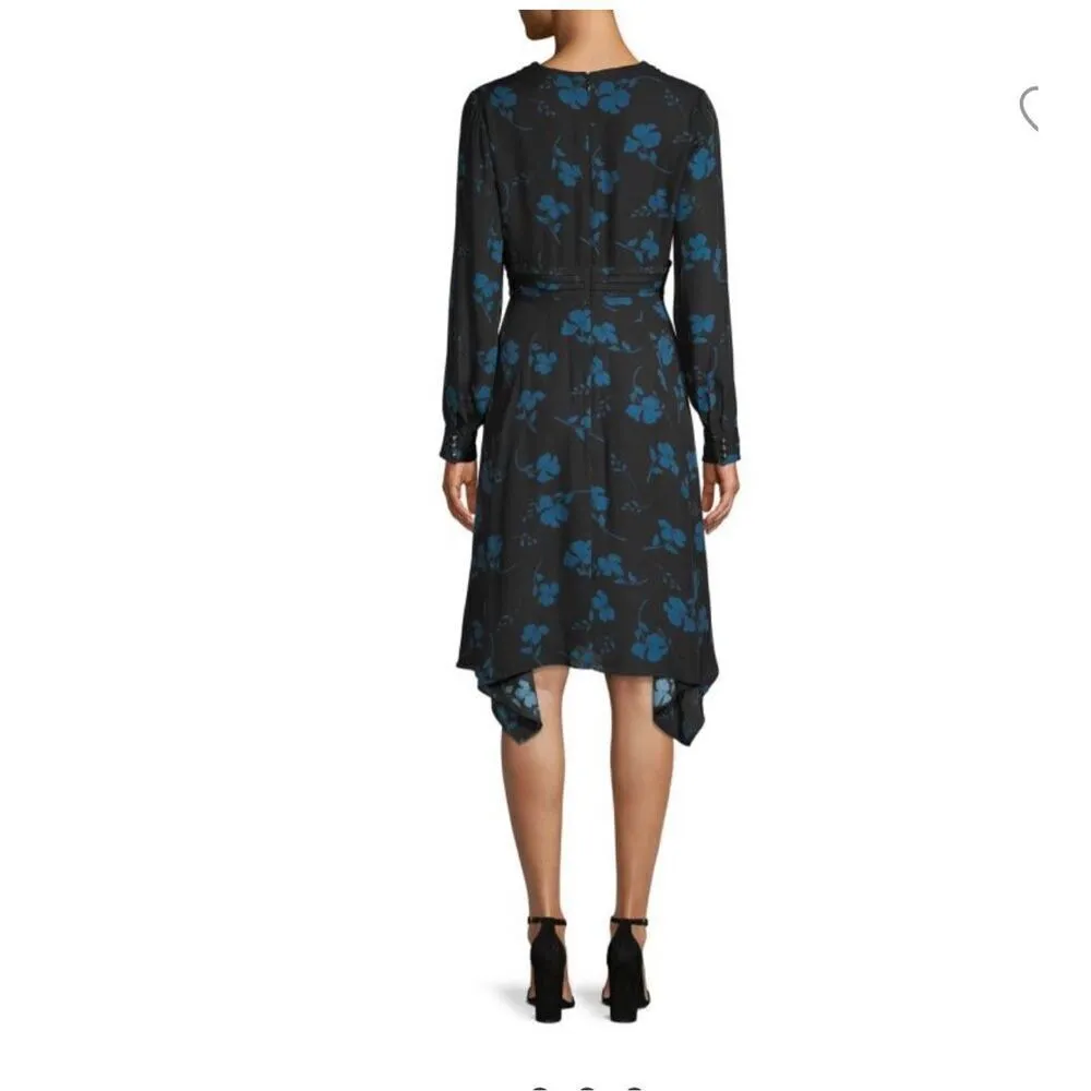 NWT Parker Evanna Pleated Women's Black Blue Floral Print V Neck Dress Size 00 - Image 3