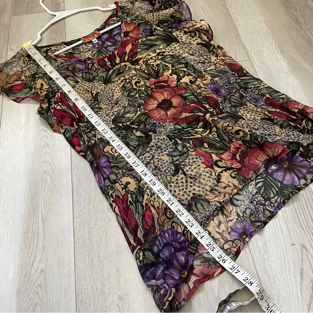 Vintage Silk Top floral ruffle sheer womens size 6 romantic bohemian funky artsy Yellow - Image 6