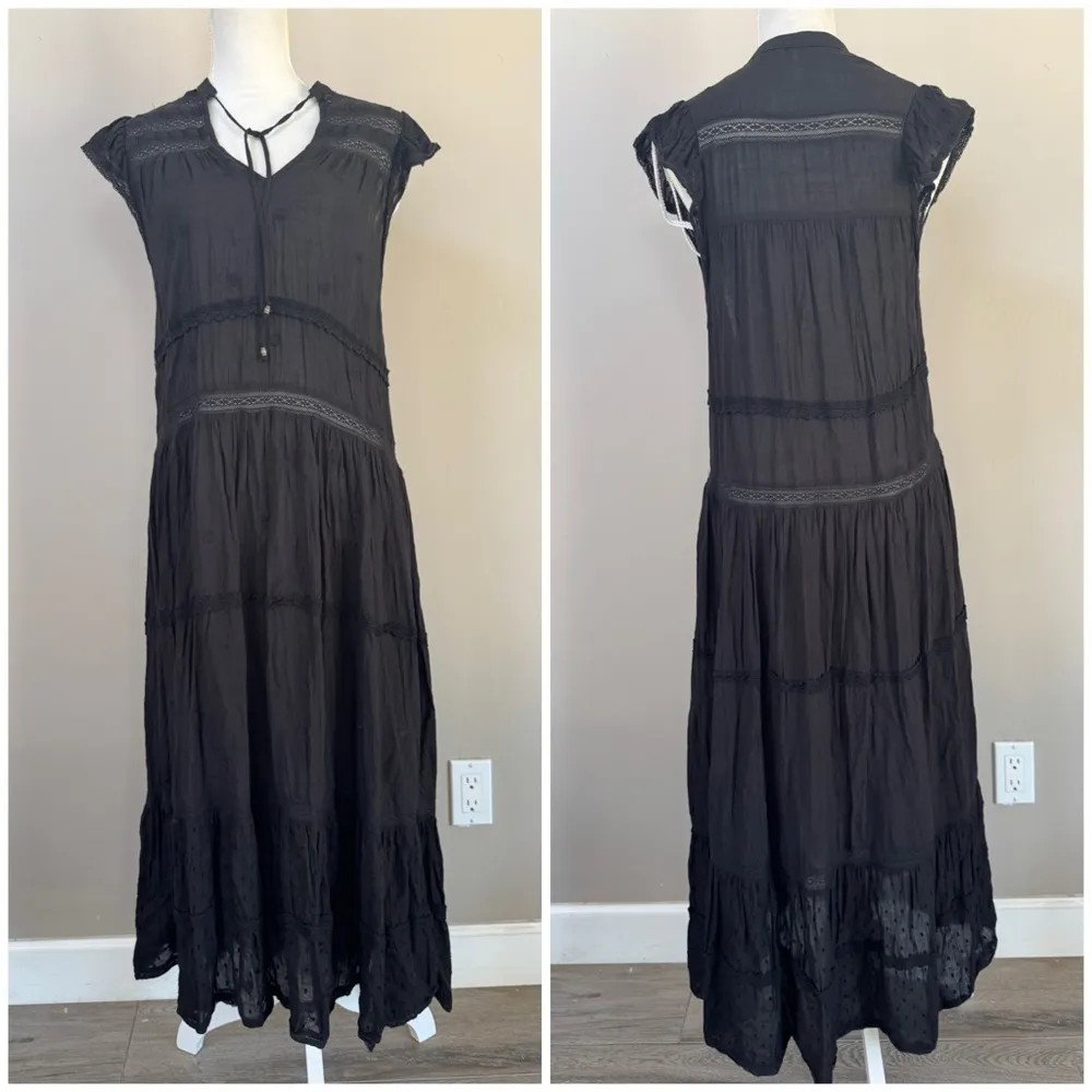 Free People Midnight Midi Dress black Swiss dot crochet ruffle cap sleeve XS - Image 6