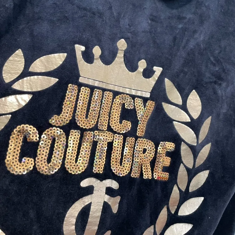 JUICY COUTURE Embellished Velour Hoodie Jacket Navy Blue w/ Back Sequin Logo Y2K - Image 12