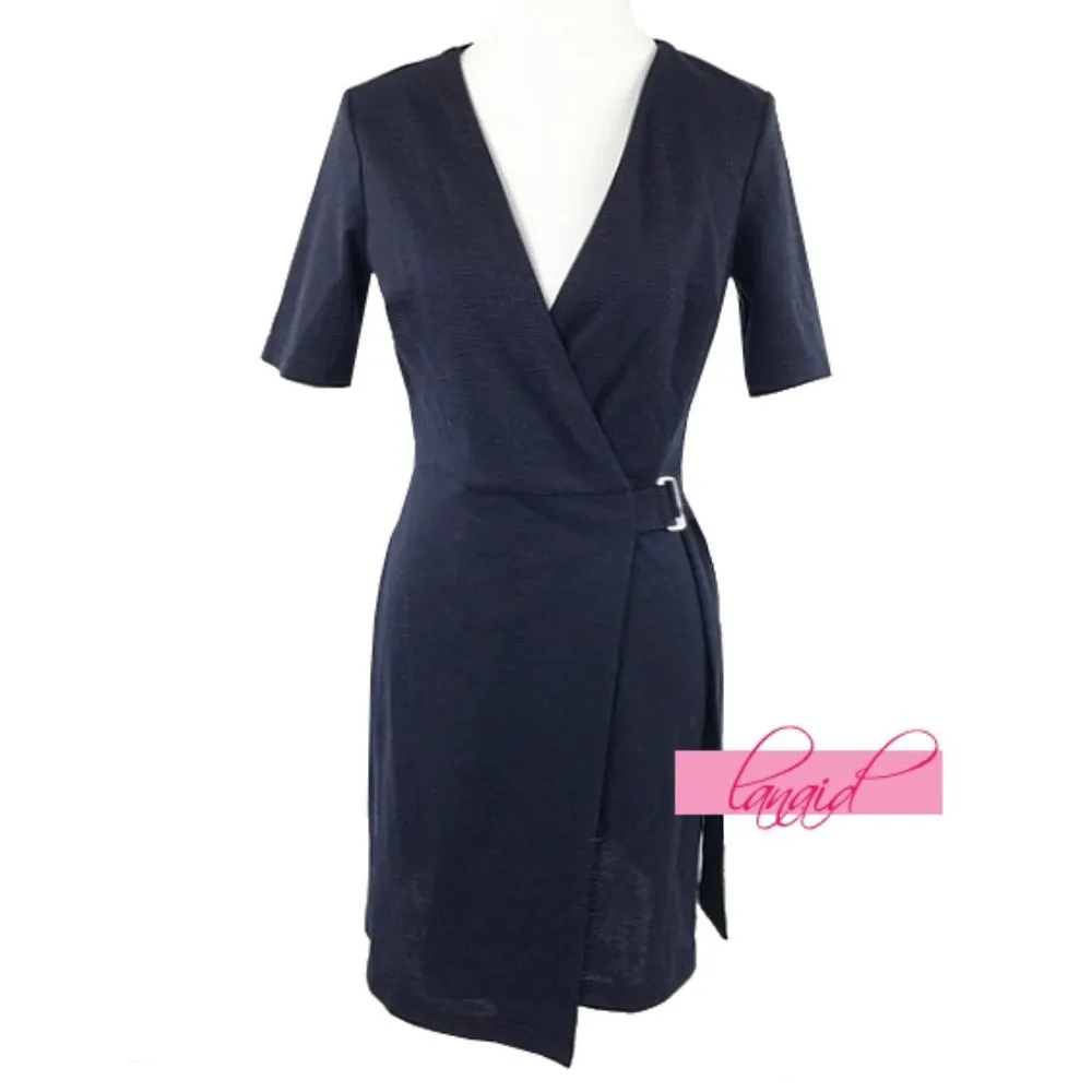 Belted Wrap Mini Dress Navy V-Neck Surplice Criss-Cross Crisscross Belt - Image 5