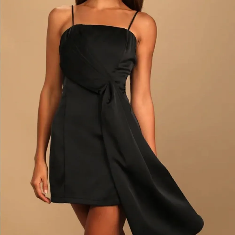 Lulus Romantic Allure Black Satin Asymmetrical Mini Dress - Image 2