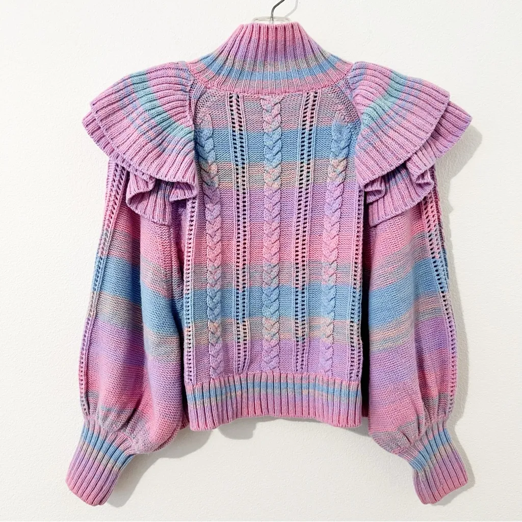 Something Navy Ruffle Mock Neck Sweater in Pink Combo Size Medium M - Image 5