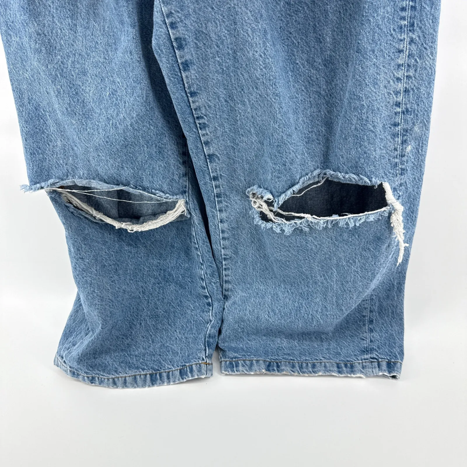 ZARA Women Light Wash Distressed Wide Leg Denim Overalls Jumpsuit Size Large - Image 4