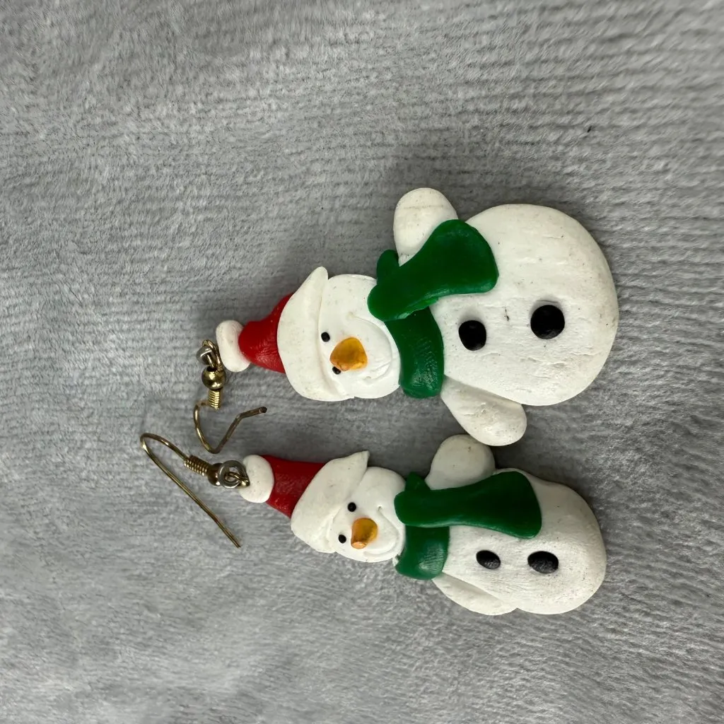 Snowman Christmas Earrings White Green Polymer Clay Dangly Hook Festive Jewelry - Image 14