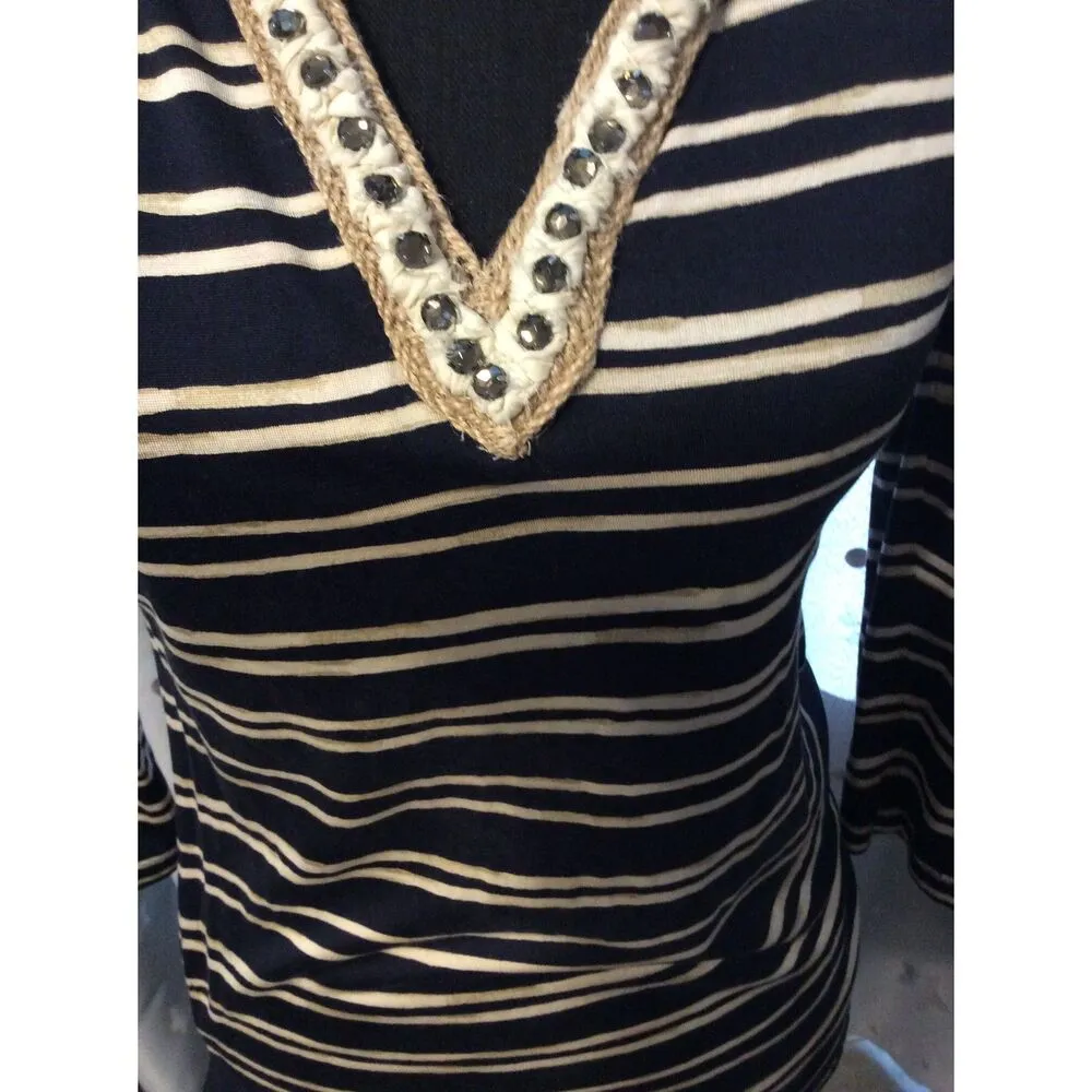 Tory Burch Silk XS Striped Top V Neck Rhinestone 3/4 Sleeve Soft - Image 2