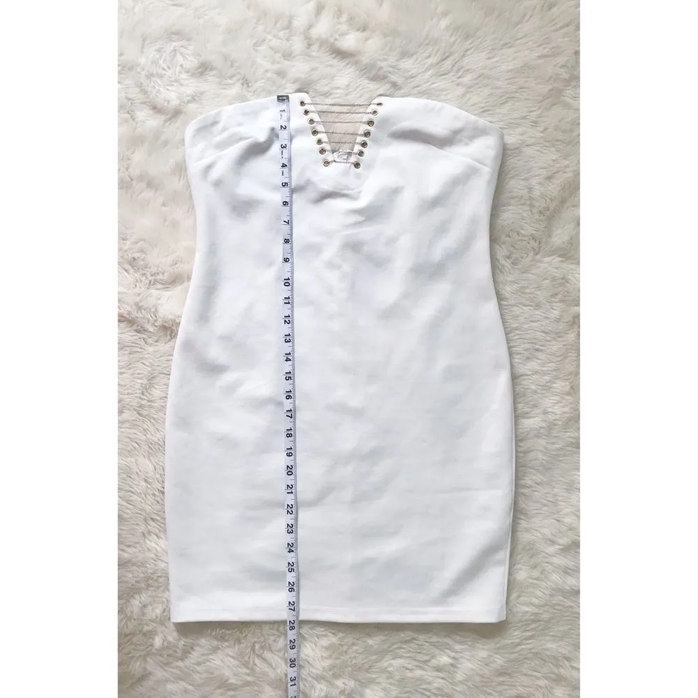 BY THE WAY White Strapless Mini Dress Bodycon Lace Up Chain Formal Party Large‎ - Image 15