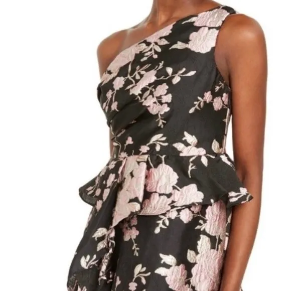 NWT Adrianna Papell One Shoulder Dress Black & Pink Floral Jacquard Size 6 NEW - Image 8