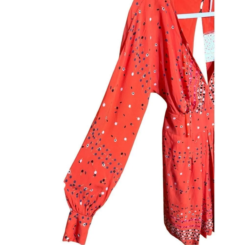 NEW Free People Coryn Coral Orange Print Long Sleeve Dress red combo sz 6 - Image 15