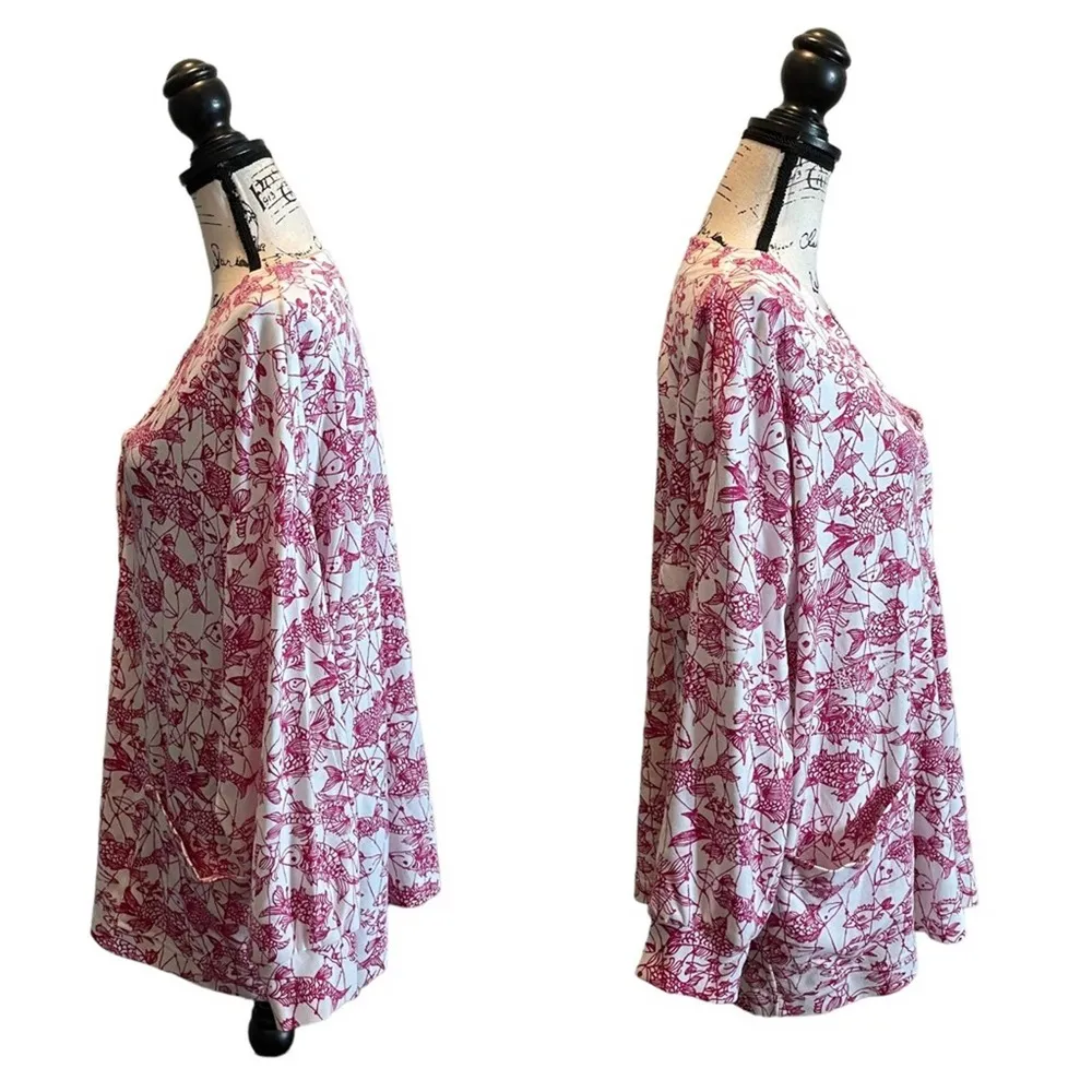 Key West Hand Print Fashions Cardigan Jacket White Pink XLarge Koi Fish Rare Size XL - Image 4