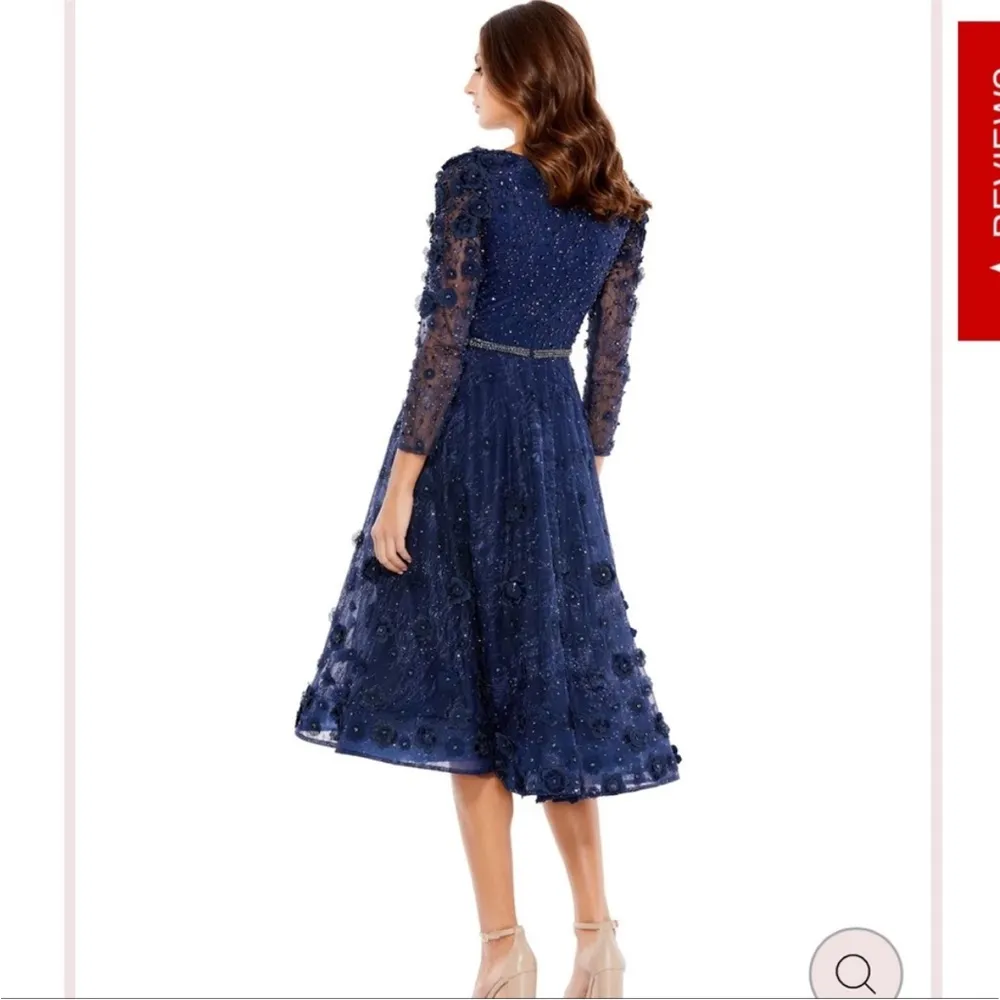 Mac Duggal 67809 Lace Floral Low V-neck Cocktail Midi Dress Gown Midnight 4 - Image 2