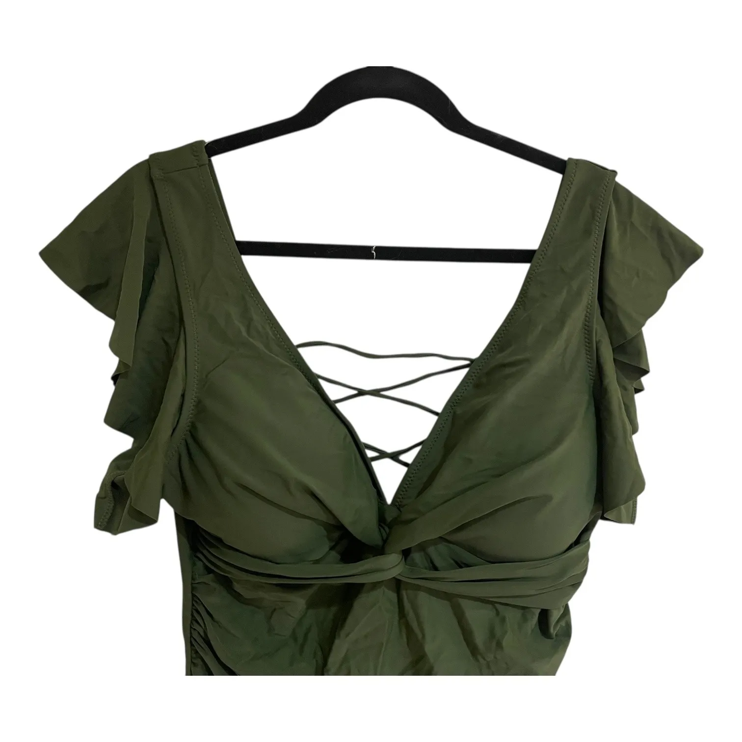 Blooming Jelly Plus Size 3XL Army Green Ruffle Sleeve Lace Up OnePiece Swimsuit - Image 5