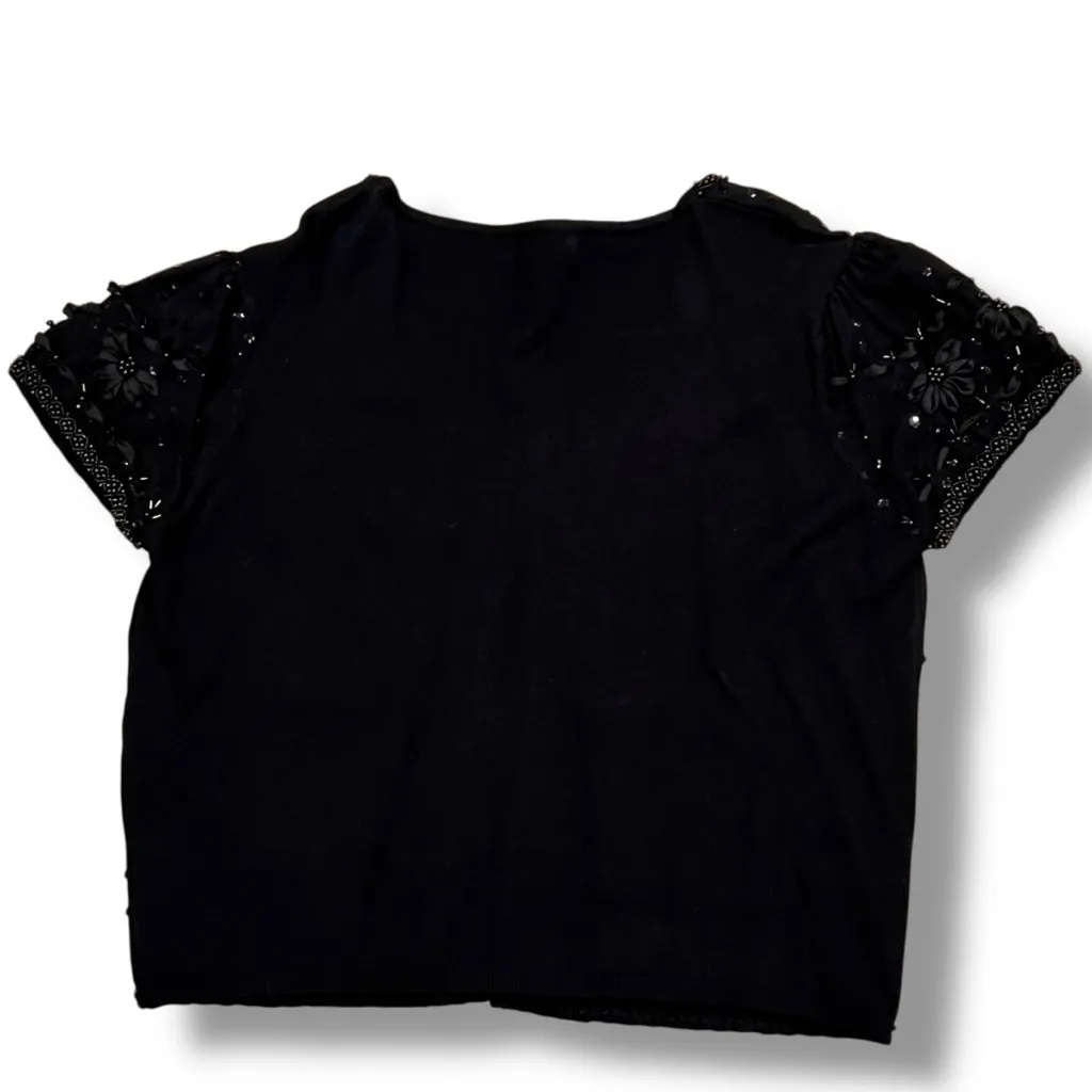 Black Beaded Sweater w/ raised ribbon flowers Sz Large Joseph A. Cardigan - Image 2