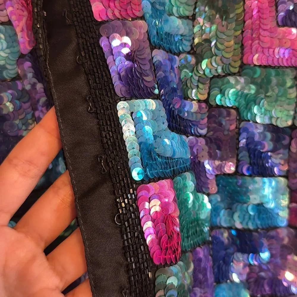Vtg Laurence Kazar Silk Beaded Sequined Checkered Jacket cute Multicolor Size L - Image 9