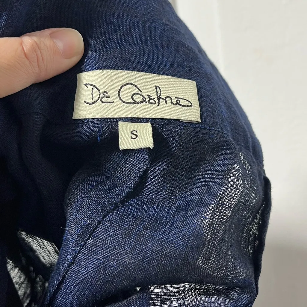 De Castro Navy Blue Mermaid Wide Leg Linen Trousers with embroidered waistband S - Image 10