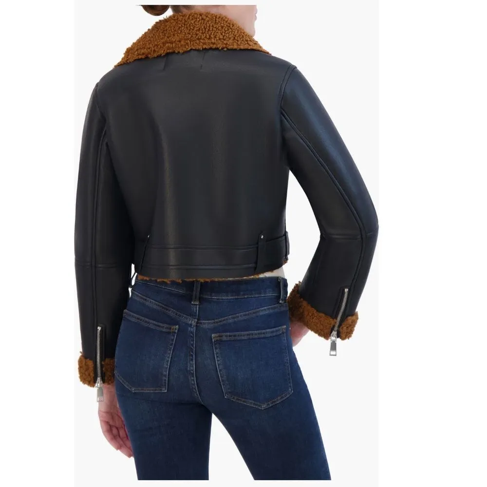 Rebecca Minkoff Faux Shearling Vegan Leather Moto Jacket, Black/Brown, Large NWT - Image 15