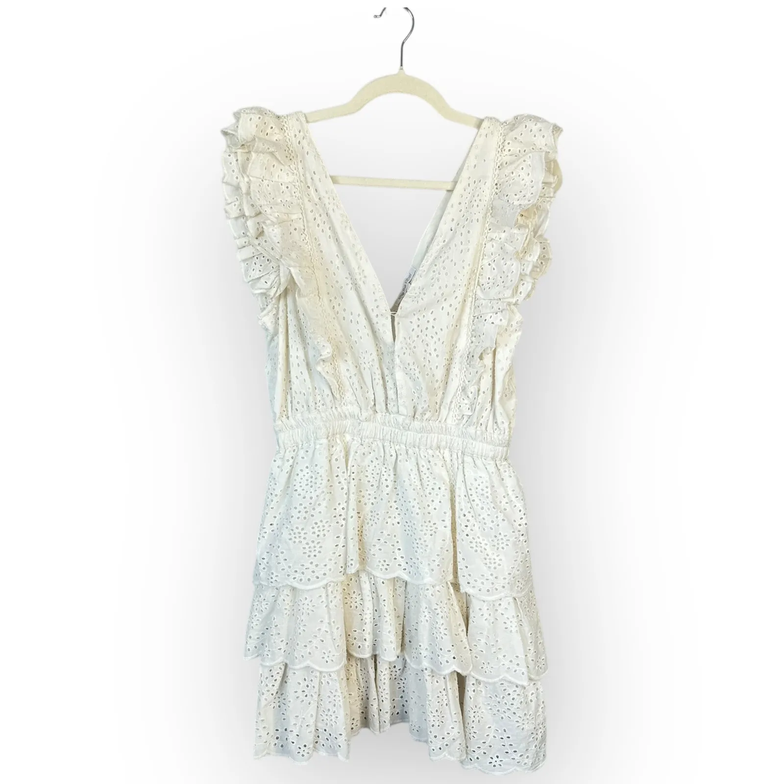 LOVE THE LABEL Ines Ruffle Tiered Dress Ecru White Anthropologie Size Medium - Image 3