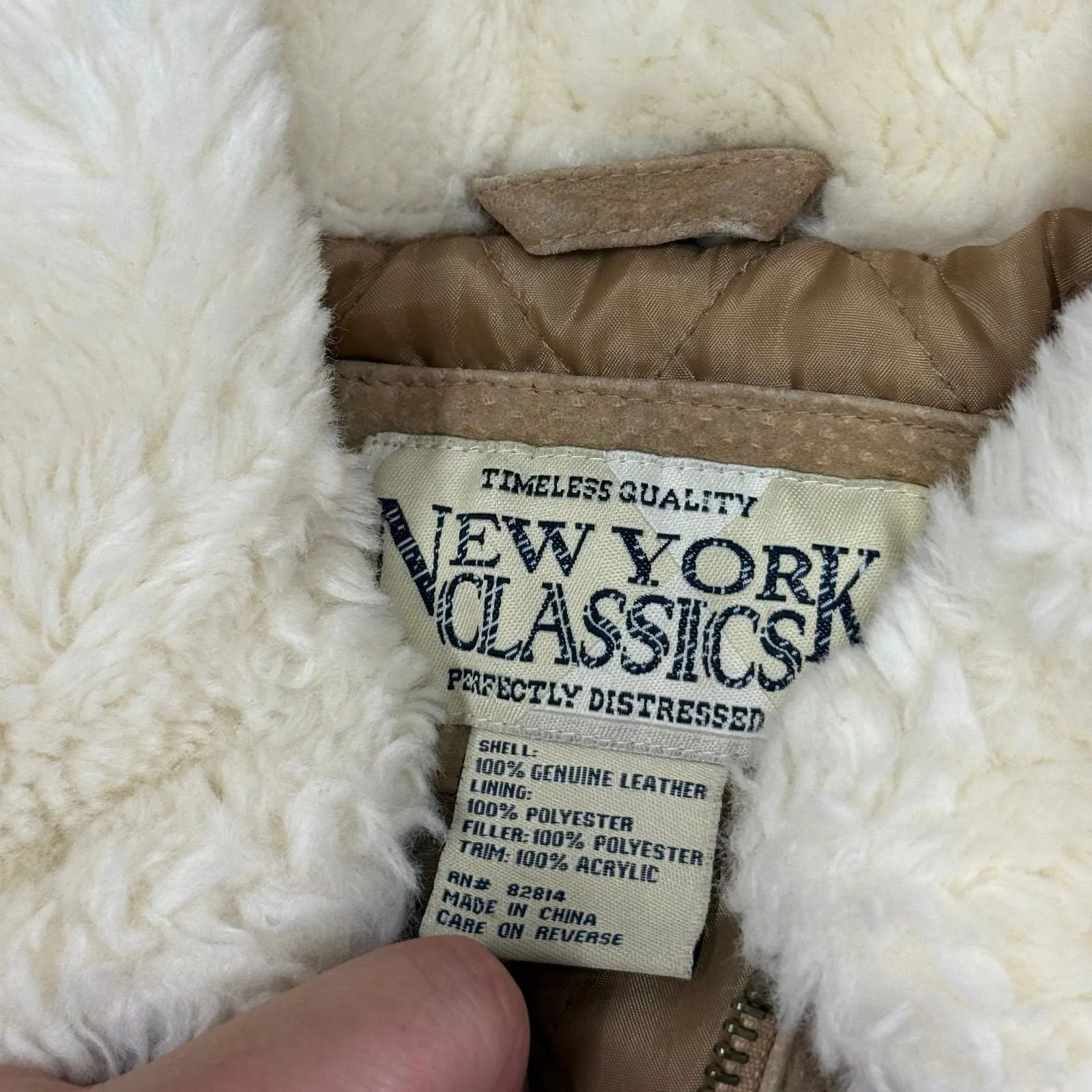 Vintage New York Classics leather fur Borg collared jacket coat Tan Size M - Image 2