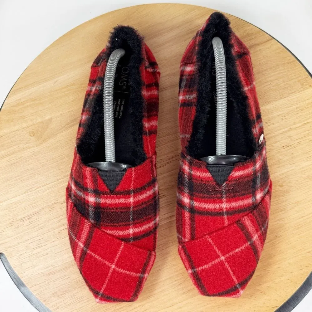 Toms Alpargata‎ Plaid Flannel Fur Lined Slip On Flats Shoes Red Black 10 - Image 4