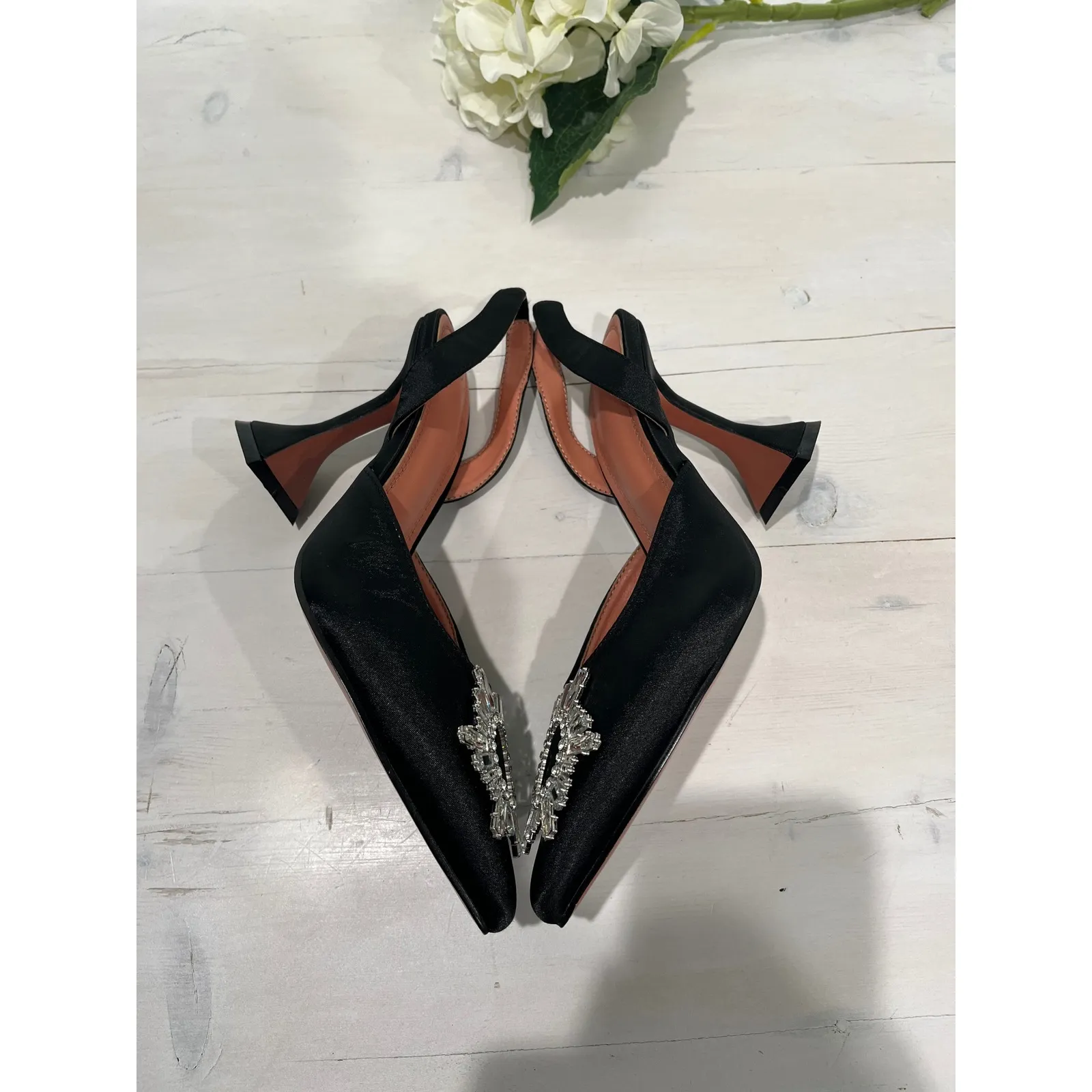 Black Satin Slingback Heels Crystal‎ Embellished Pumps Party Evening Occasion Size 8 - Image 5