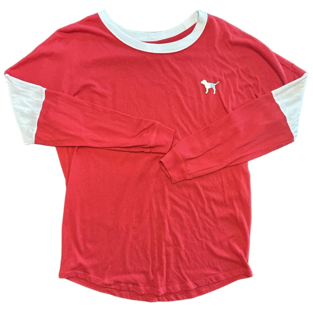 Victoria's Secret PINK red and white Bling Rhinestone Varsity Long Sleeve Tee M - Image 4