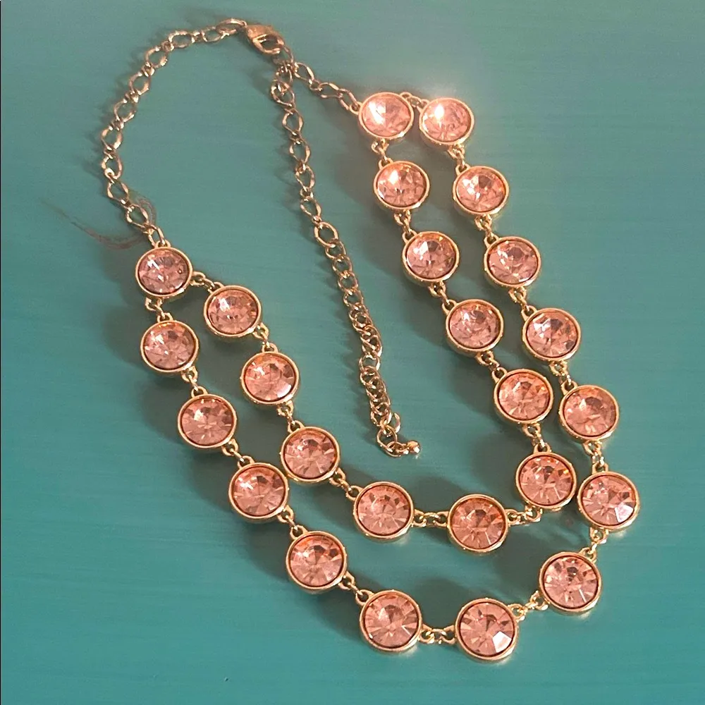 Double Strand Gold and Blush Pink Faceted Bezel Set Crystal Statement Necklace - Image 5