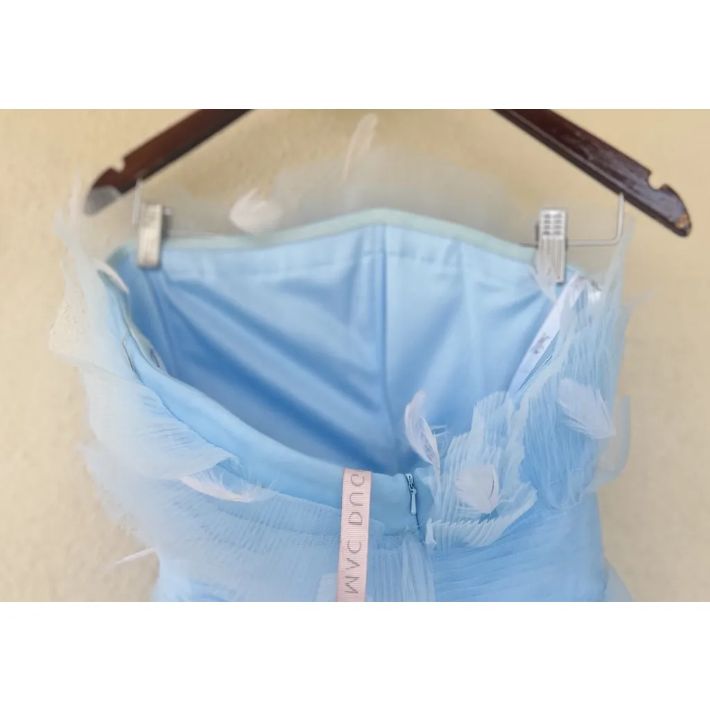 Mac Duggal Baby Blue Feathers Tulle Strapless Fit Flare Mini Dress Size 4 Party - Image 9