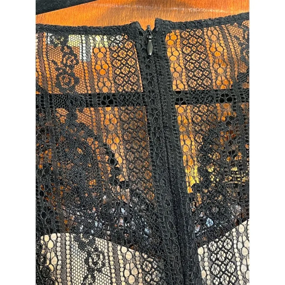 MIKA‎ MENDEL Black Lace Sheath Dress Midi Long Sleeve V Neck Lined Size S - Image 5