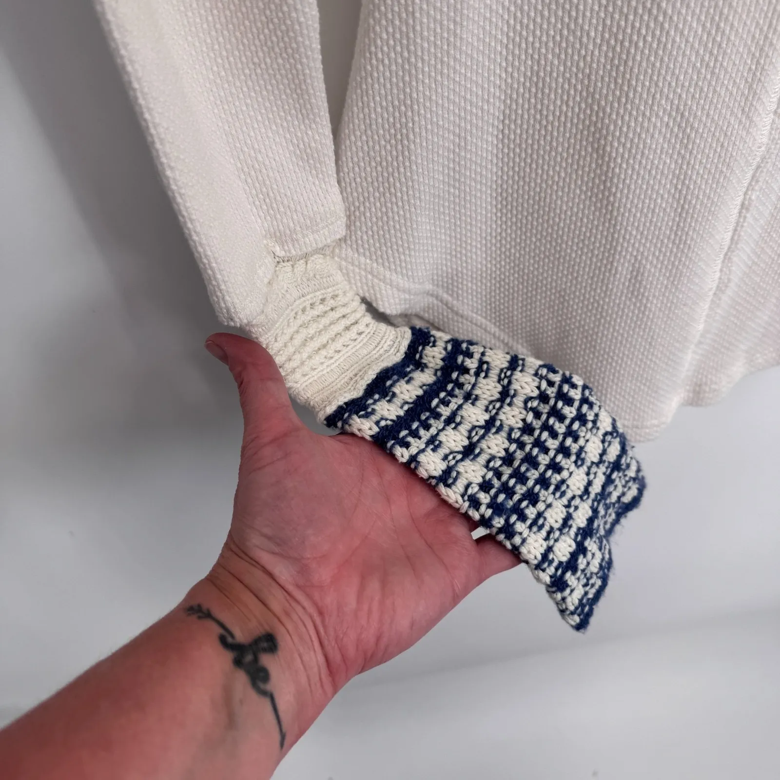 Free People Alpine Cuff Sleeve Thermal Henley Waffle Knit Women's S White Blue - Image 6