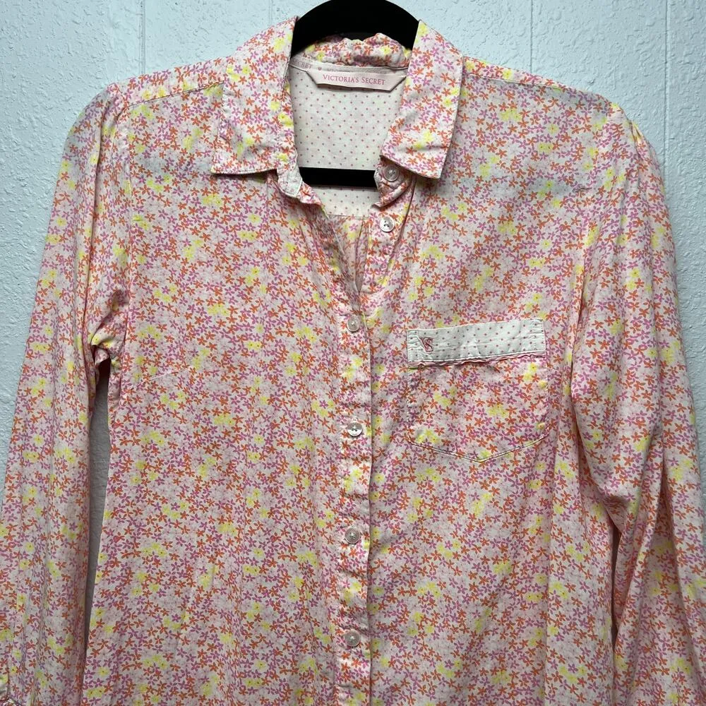 Victoria's Secret Floral Long Length Button Down Sleep Shirt Womens Size XS - Image 3