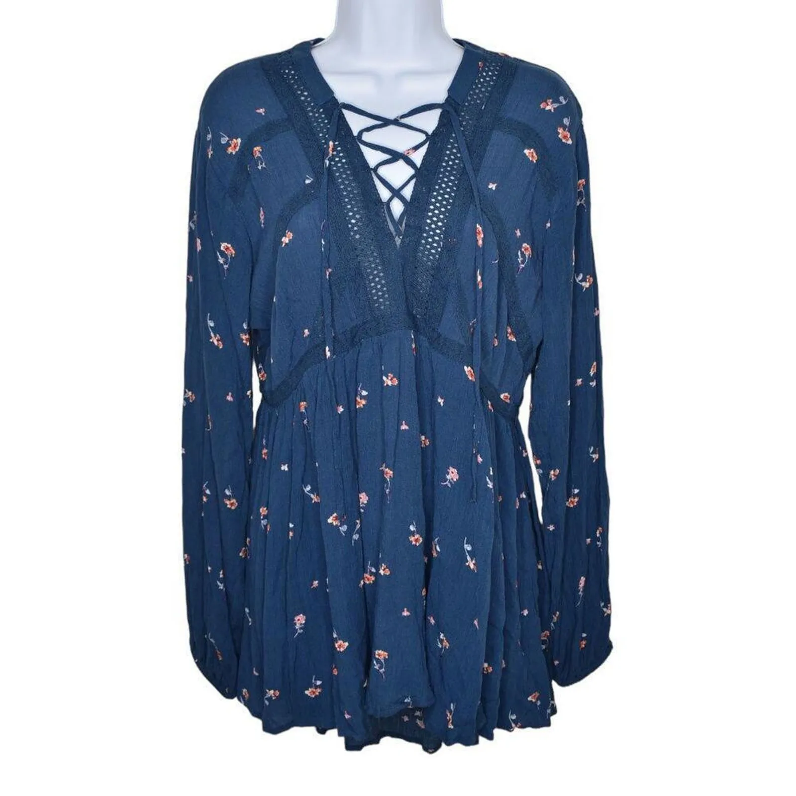 Bongo Womens Navy Blue Floral Long Sleeve Peasant Lace‎ Up Tunic Hi Lo Top Large - Image 2