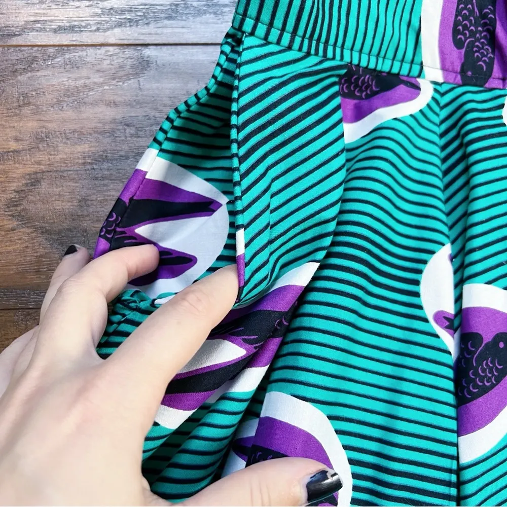 Francis + Benedict • pleated skirt African wax print cotton birds green purple Size XS - Image 7
