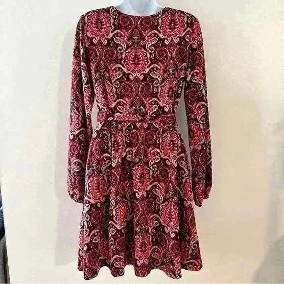Anthropologie‎ Maeve Paisley Print Metallic Knit Belted A Line Dress Size Medium - Image 7