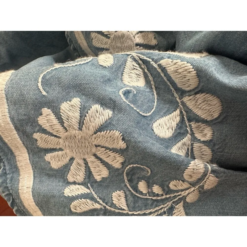 NEW Rebecca Minkoff One Shoulder Embroidered Blue Chambray Top Boho Tencel - Image 6