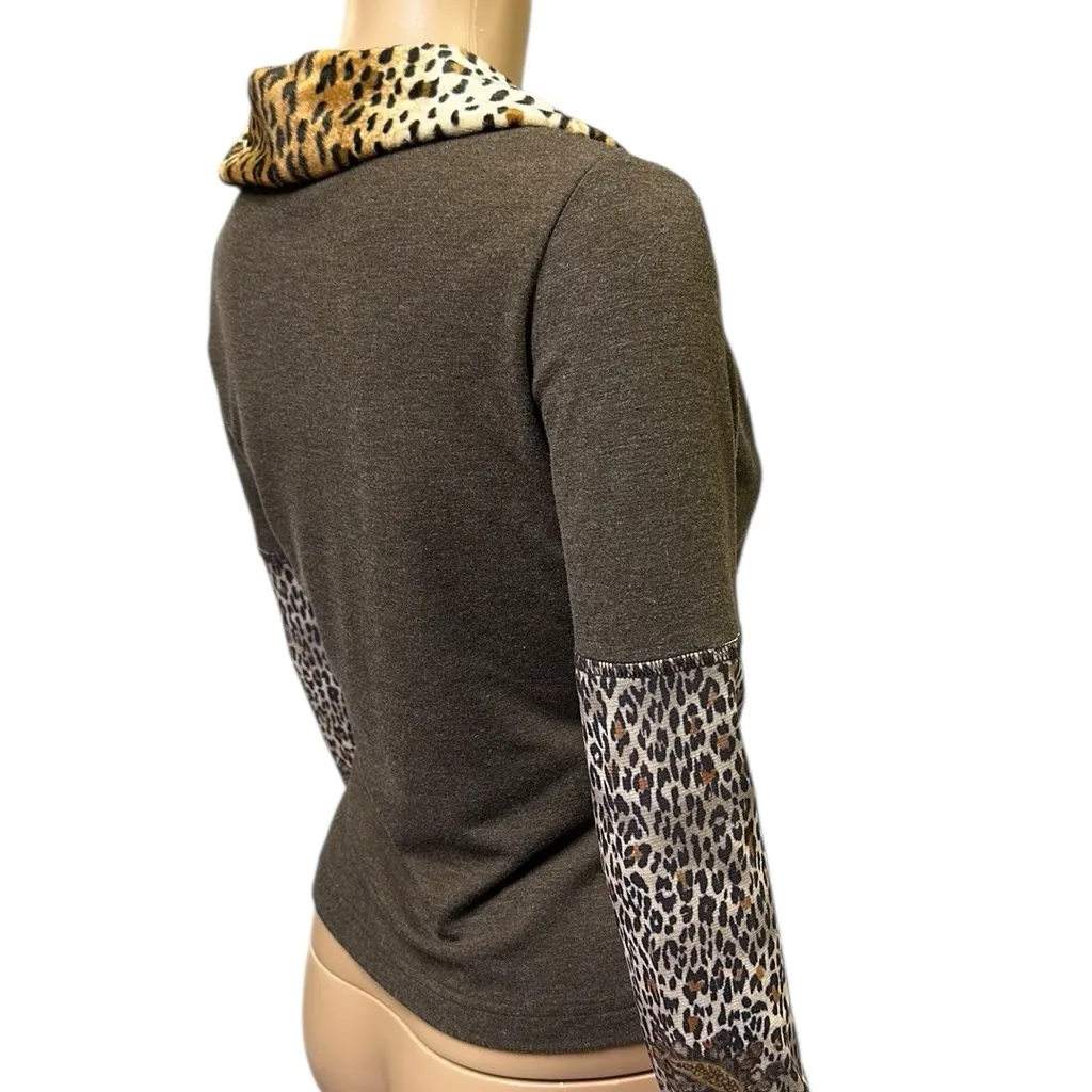 Casadei Mixed Media Vintage Leopard Paisley Lightweight Jacket Faux Fur Collar S - Image 9