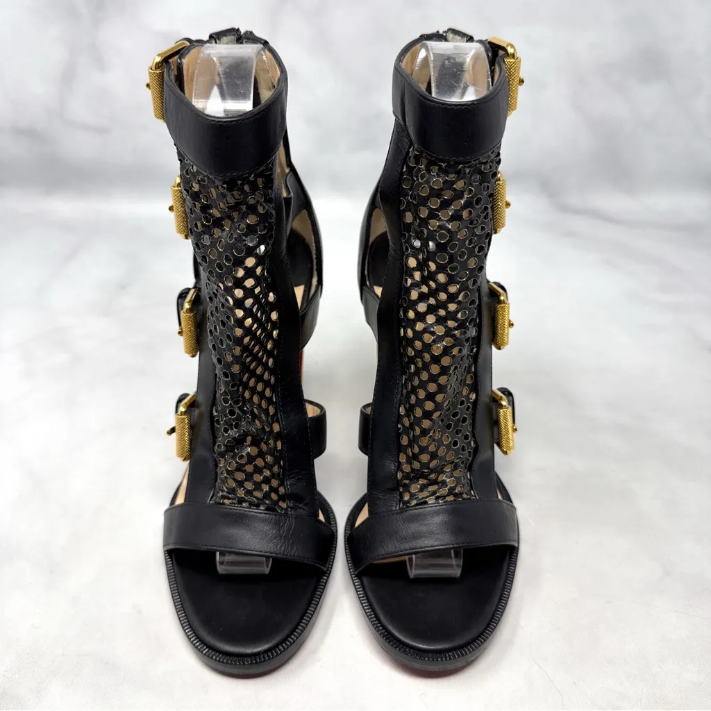 Christian Louboutin Fencing 100 Leather Gladiator Buckle Block Heel Bootie Black - Image 4