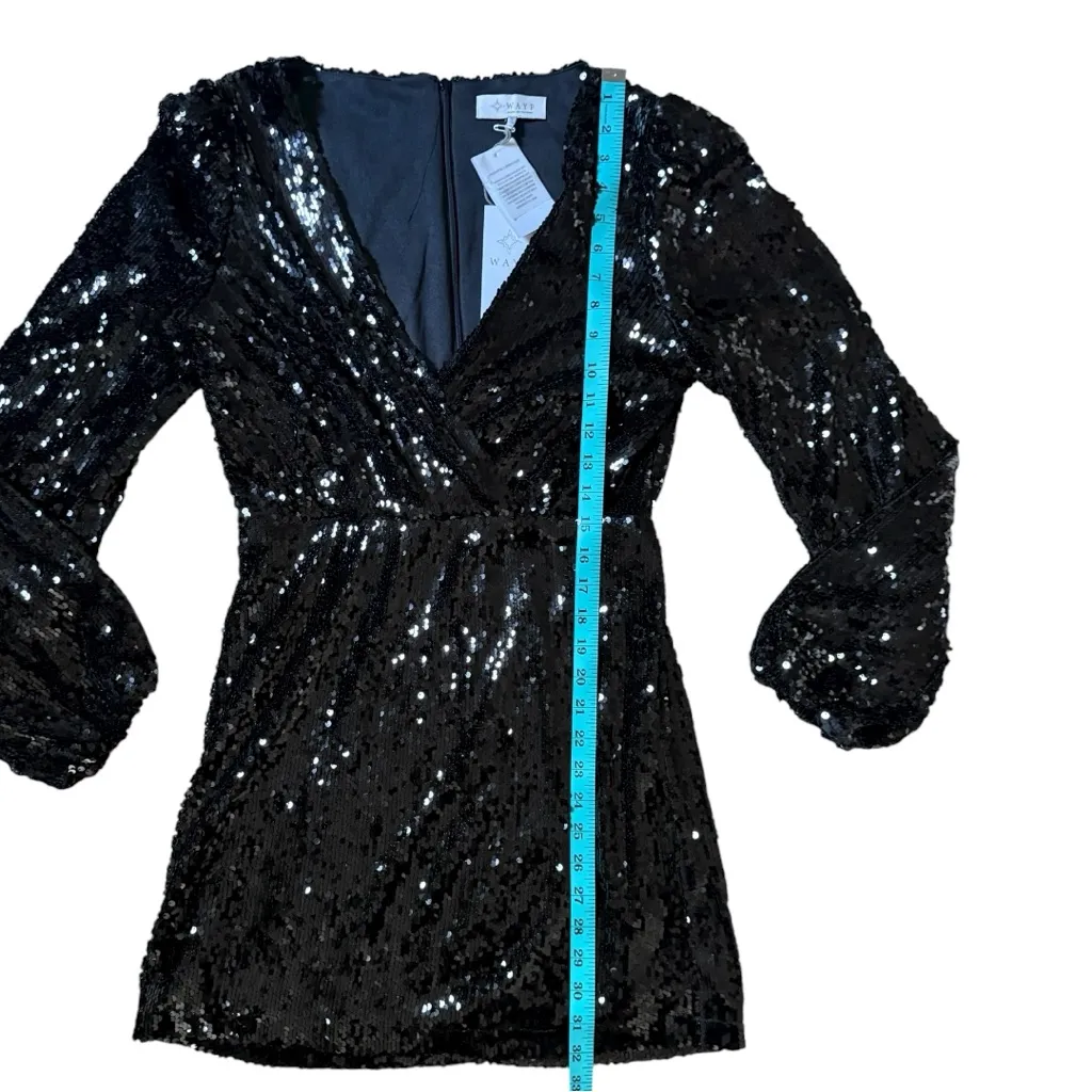 NEW WAYF Carrie Long Sleeve Sequin Minidress Small Black Party Sparkle - Image 5