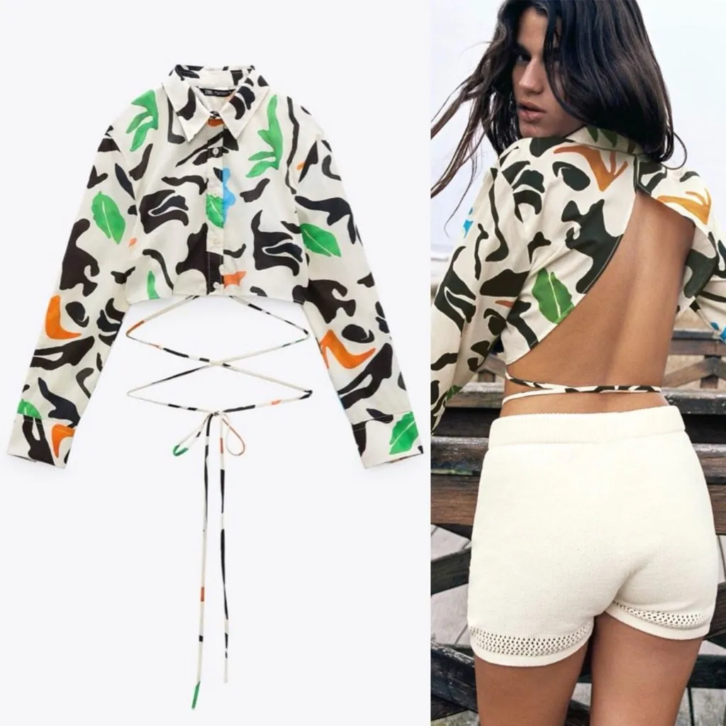Zara Multicolored Abstract Cropped Button Up Front Open Back Lace Up Shirt - Image 3