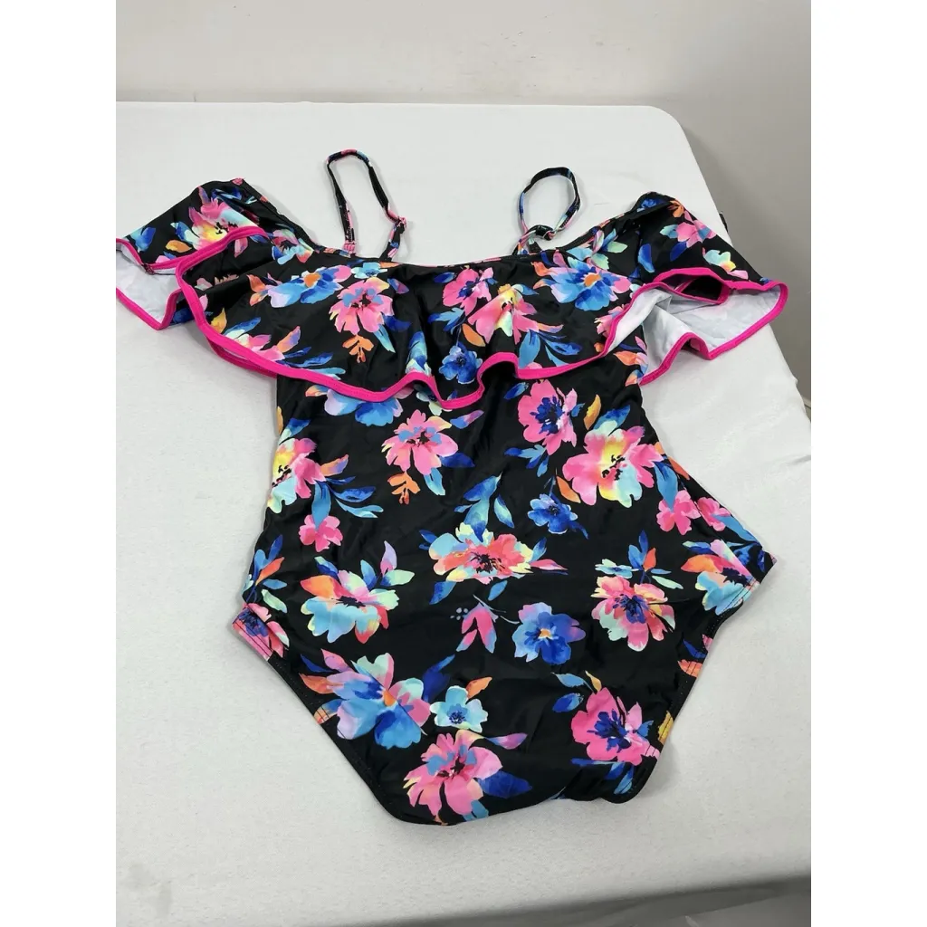 Womans NWT Tempt Me 1 Piece Floral Bathing Suit Black Spaghetti Straps Large - Image 2