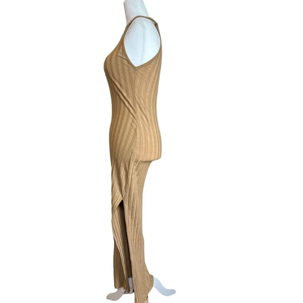 SIMKHAI Womens Megan Rib Racerback Dress in Camel Small Midi Stretch Tan - Image 6