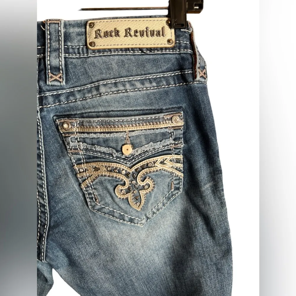 Rock Revival Peri Jeans Easy straight Embellished Distressed Frayed hem 26 - Image 4