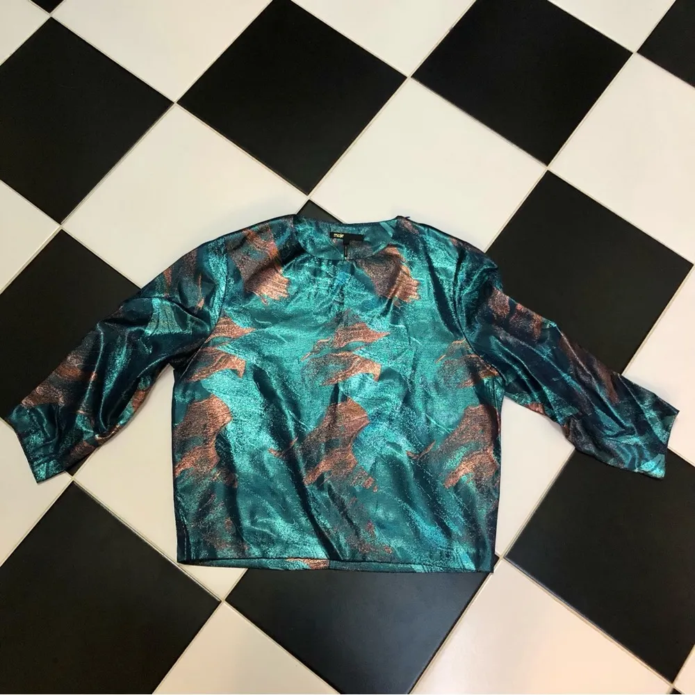 Maje Gab Metallic Jacquard Top 3/4 Length Sleeve Agate Swirly Copper Bronze Teal - Image 3