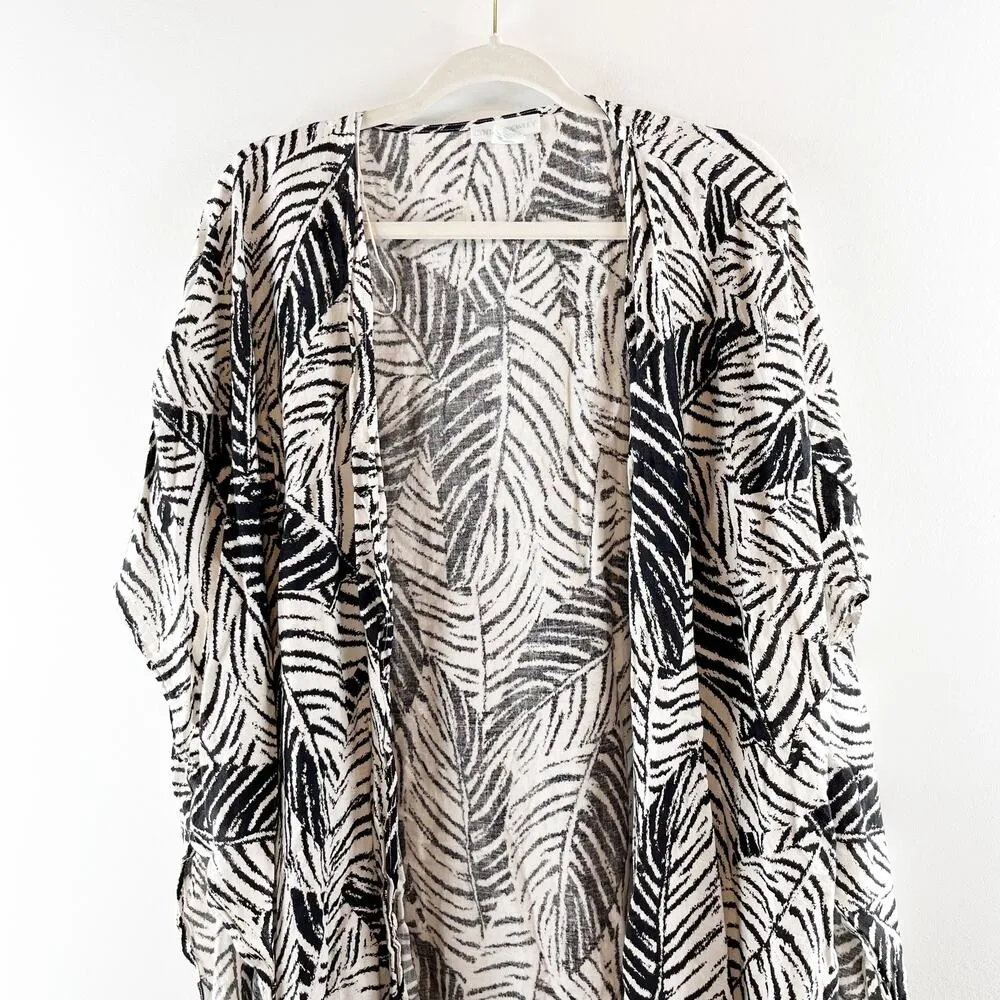 Cynthia Rowley Leaf Print Short Sleeve Midi Kimono Cover Up White Black One Size - Image 6