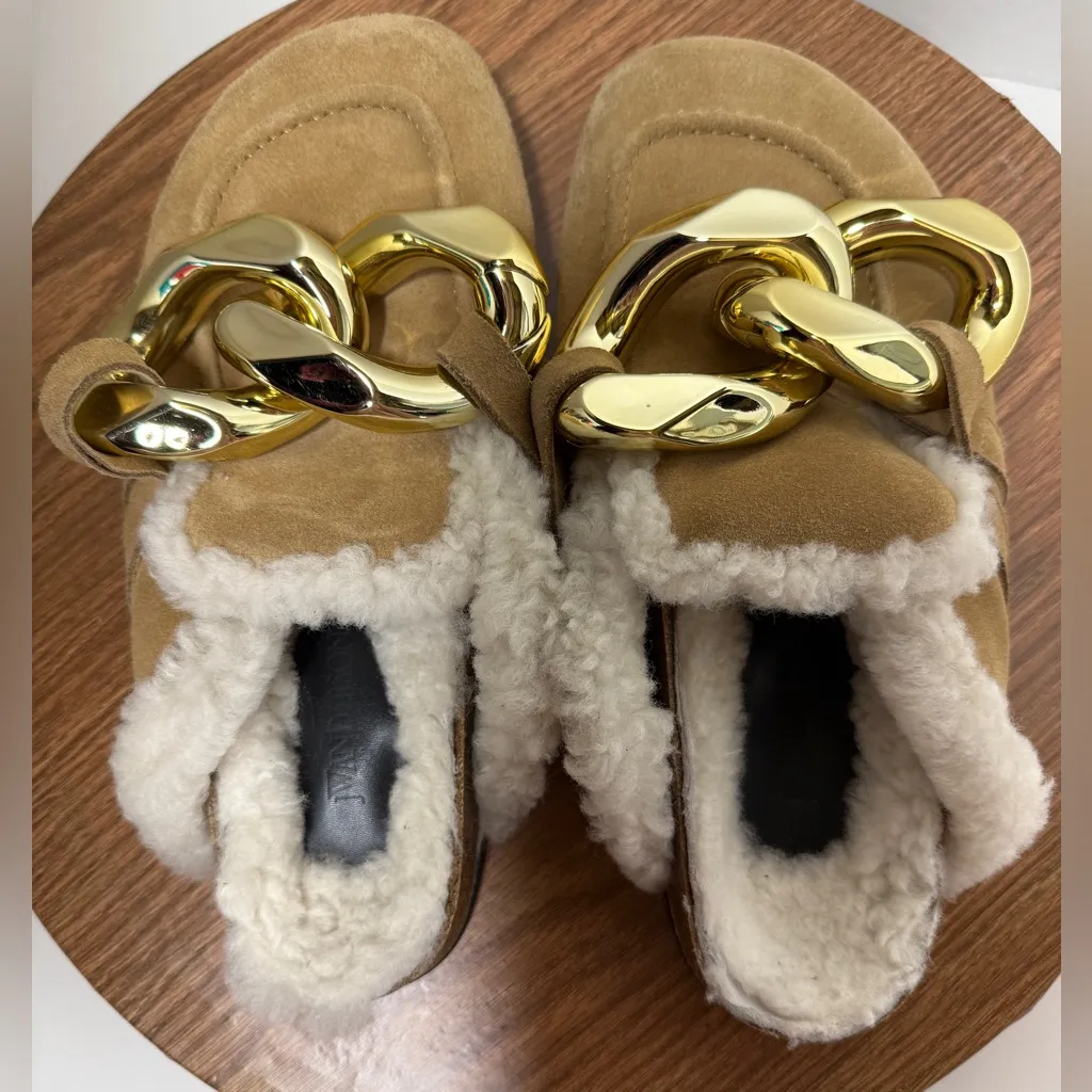 JW Anderson Beige Lamb Leather Shearling Chunky Gold Chain Loafer Clog Mules Tan Size 10 - Image 7