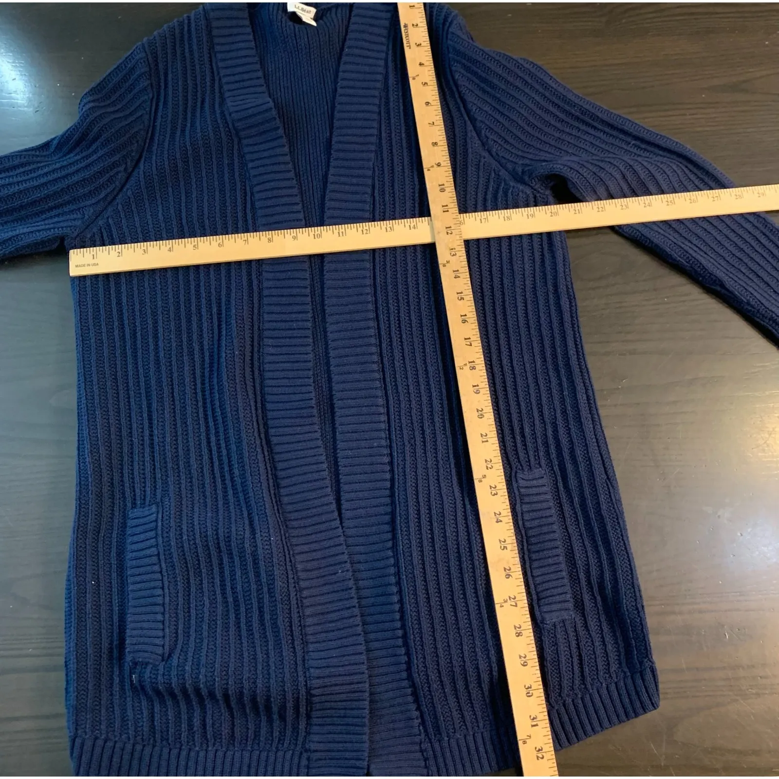 LLBean Navy Blue Ribbed Knit Open Front Cardigan Sweater Women Large Nautical - Image 11