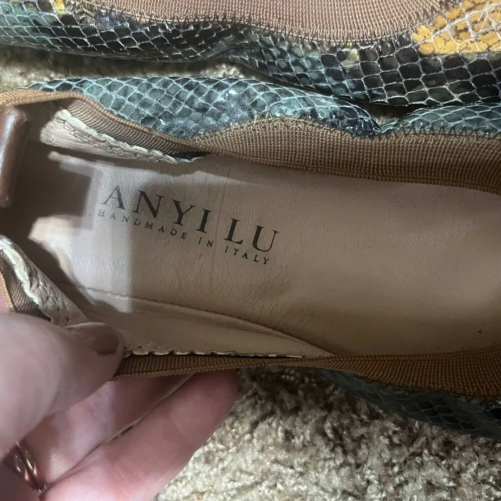 Anyi Lu Leather Ballet Flats 35.5 US 5.5 Snakeskin Brown Green Handmade Italy - Image 3