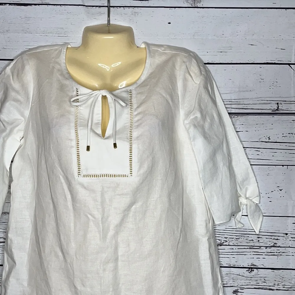 Pappagallo NWT Size S White Keyhole Eyelet Trim Linen Blend Shirt Top - Image 3