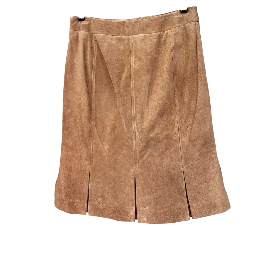 Ann Taylor Loft 100% Leather Suede Tan Beige Pleated Hem Skirt, Sz 2 - Image 3