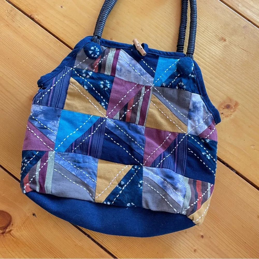 Handmade Japanese Patchwork Tote Bag 100% Cotton Navy Blue - Image 2