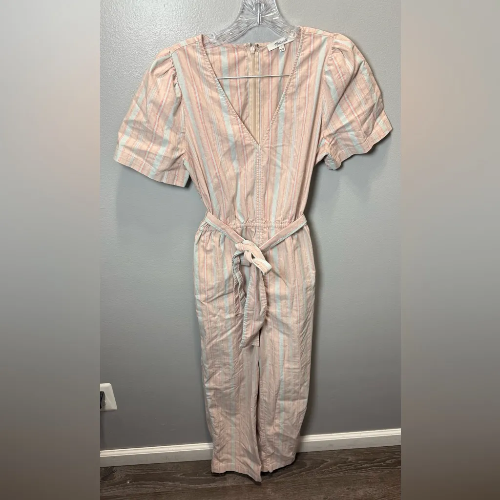 Madewell Women's Striped Puff-Sleeve Tapered Jumpsuit‎ Blue/Pink Size 2 - Image 2